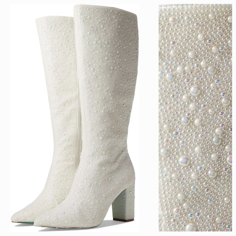 NWOB Betsey Johnson Candy White Pearl Pointed-Toe Knee-High Boots 👢👢
